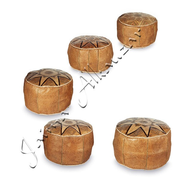 Juego 5 Puff Arabe Piel Camello - Grabados y Relieves Etnicos