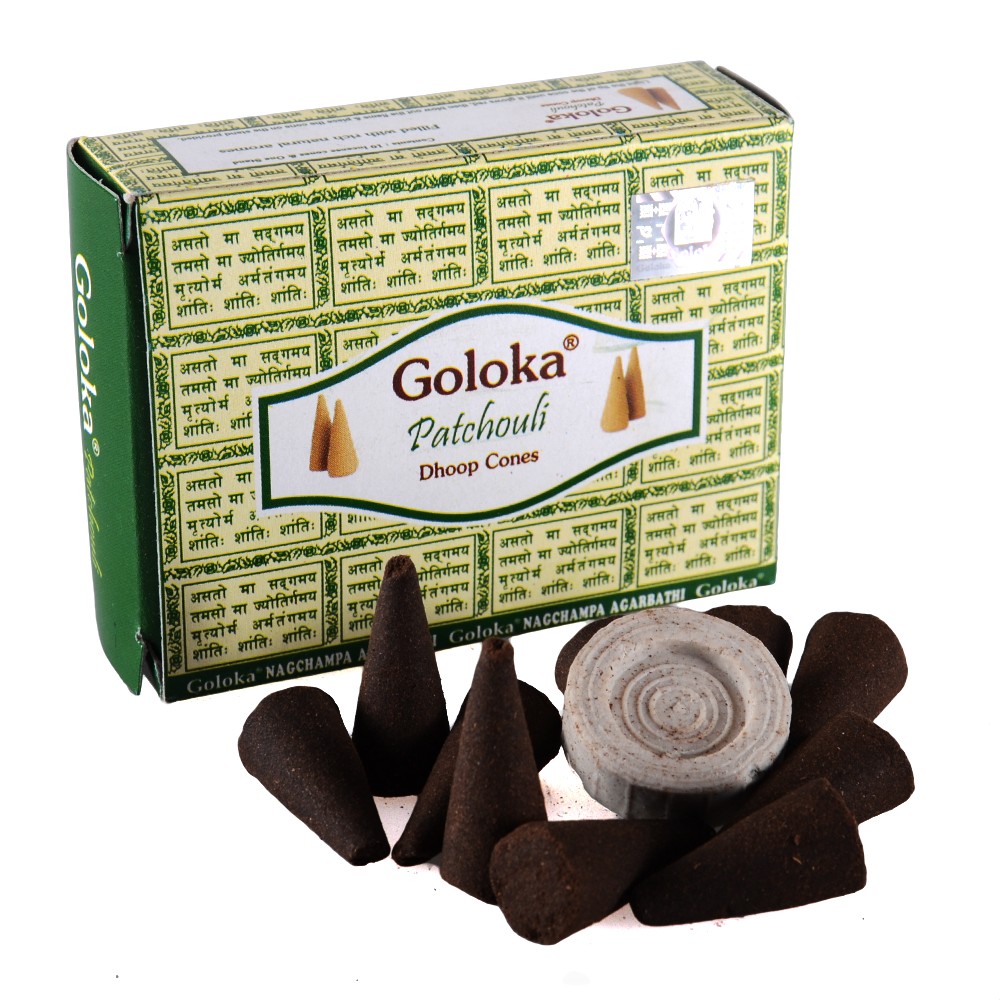 Conos Incienso Goloka - Patchouli -  12 unidades - Incluye Base