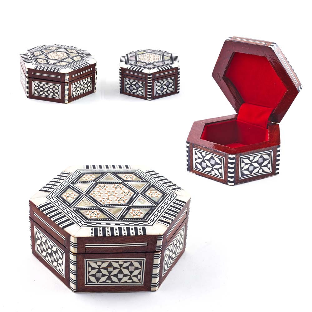 Caja Hexagonal Nacar Blanco -  Taracea de Egipto - 2 Tamaños
