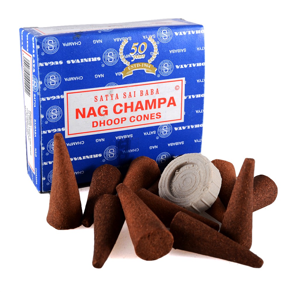 Conos Incienso Nag Champa - SATYA - 12 unidades - Incluye Base