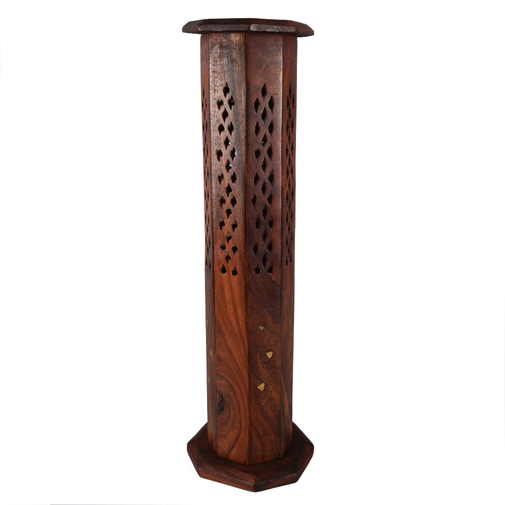 Incensario Torre  Octogonal - Base y Torre - Madera - Calado Floral
