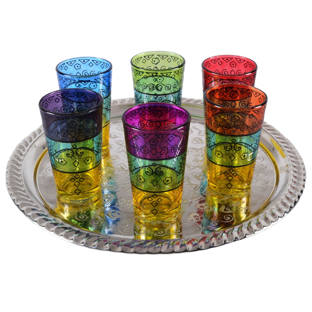 Juego 6 Vasos de Té Grabados -  Filigrana Floral Henna -Tricolor