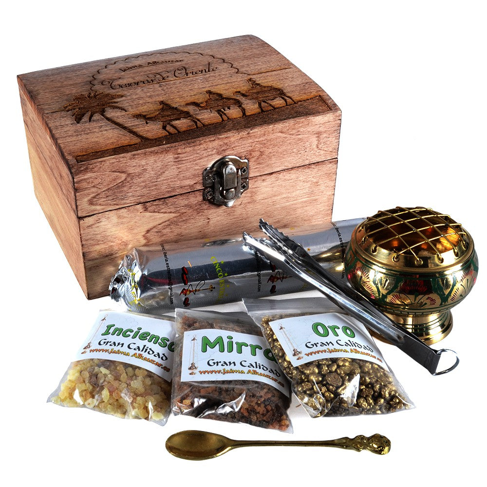 Pack Tesoros De Oriente - Oro Incienso Y Mirra  - Incensario Pinzas Y Carbón - Ideal Regalo