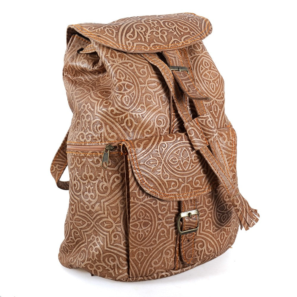 Mochila Cuero  Repujado - Grabado Arabe - 2 Colores - 6 Compartimentos