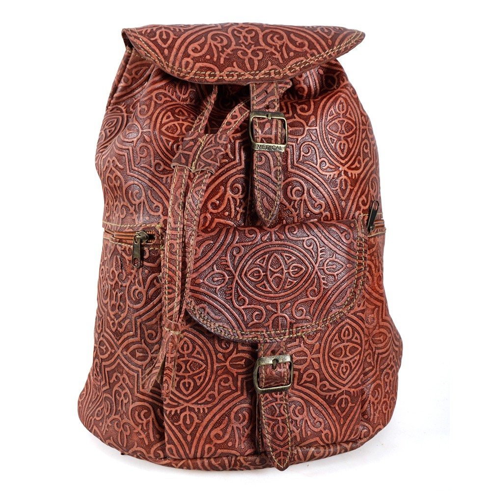 Mochila Cuero  Repujado - Grabado Arabe - 2 Colores - 6 Compartimentos