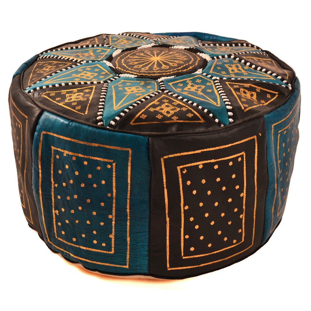 Puff Bicolor Piel - Diseño Mosáico Arabe - Artesano - Modelo Aswad