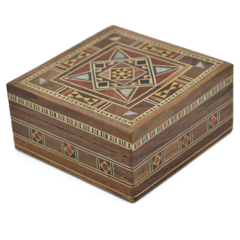Caja Cuadrada Taracea Siria - Madera y Nacar - 8 cm - Modelo Palmira