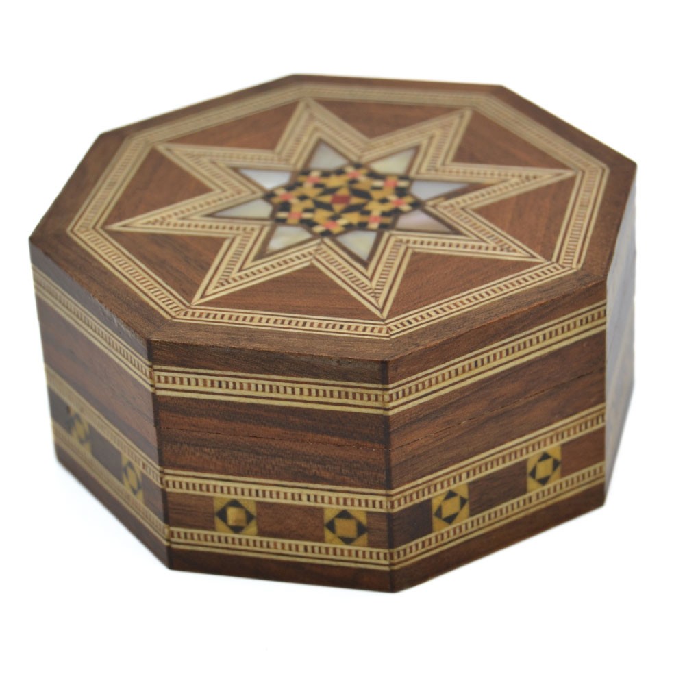 Caja Octogonal Taracea Siria - Diseño Mosáico - Modelo Al Raqa - 9 cm