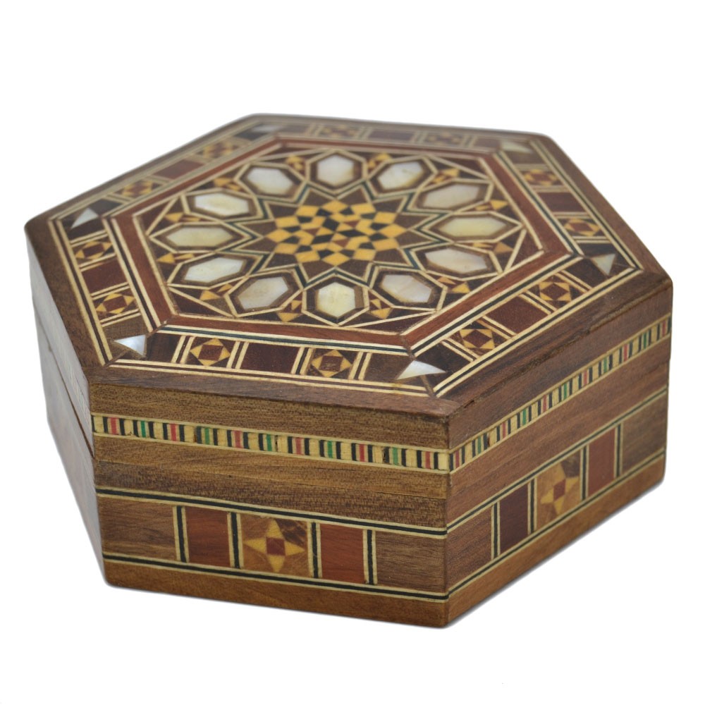 Caja Hexagonal Taracea Siria - Diseño Mosáico - Modelo Hama 10 cm