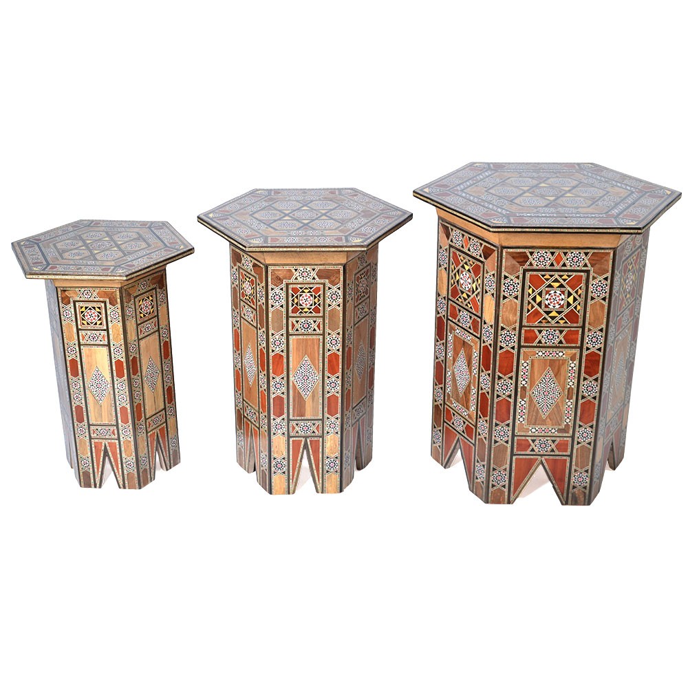 Juego 3 Mesas Taracea  Hexagonal - S I R I A - Modelo TAWILA