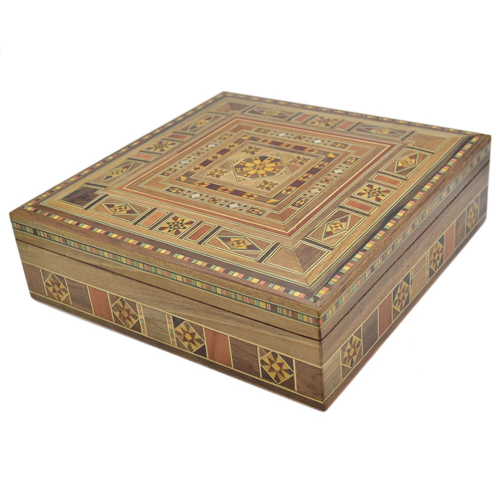 Caja Taracea Siria Cuadrada - Decoracion Madera y Nacar - 25 cm