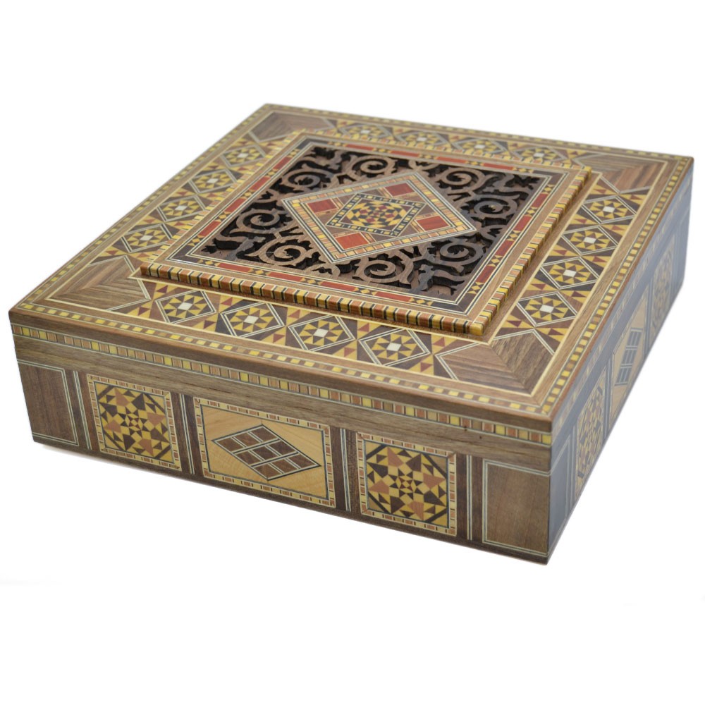 Caja Taracea Cuadrada  Siria - Tapa Celosia Corte Por Laser - 25cm
