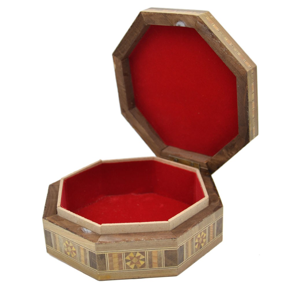 Caja Taracea Octogonal Siria - Tapa Decorado Geometrico- 15.5 cm