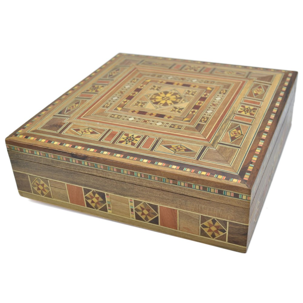 Caja Taracea Siria Cuadrada - Decoracion Madera y Nacar - 19.5 cm