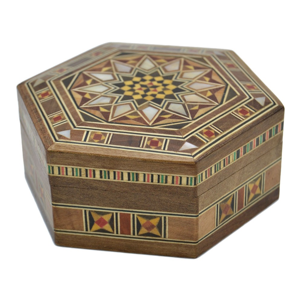 Caja Árabe Taracea Siria  Hexagonal - Tapa Estrella 12 Puntas - 11 cm