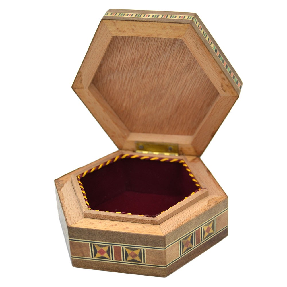 Caja Árabe Taracea Siria  Hexagonal - Tapa Estrella 12 Puntas - 11 cm