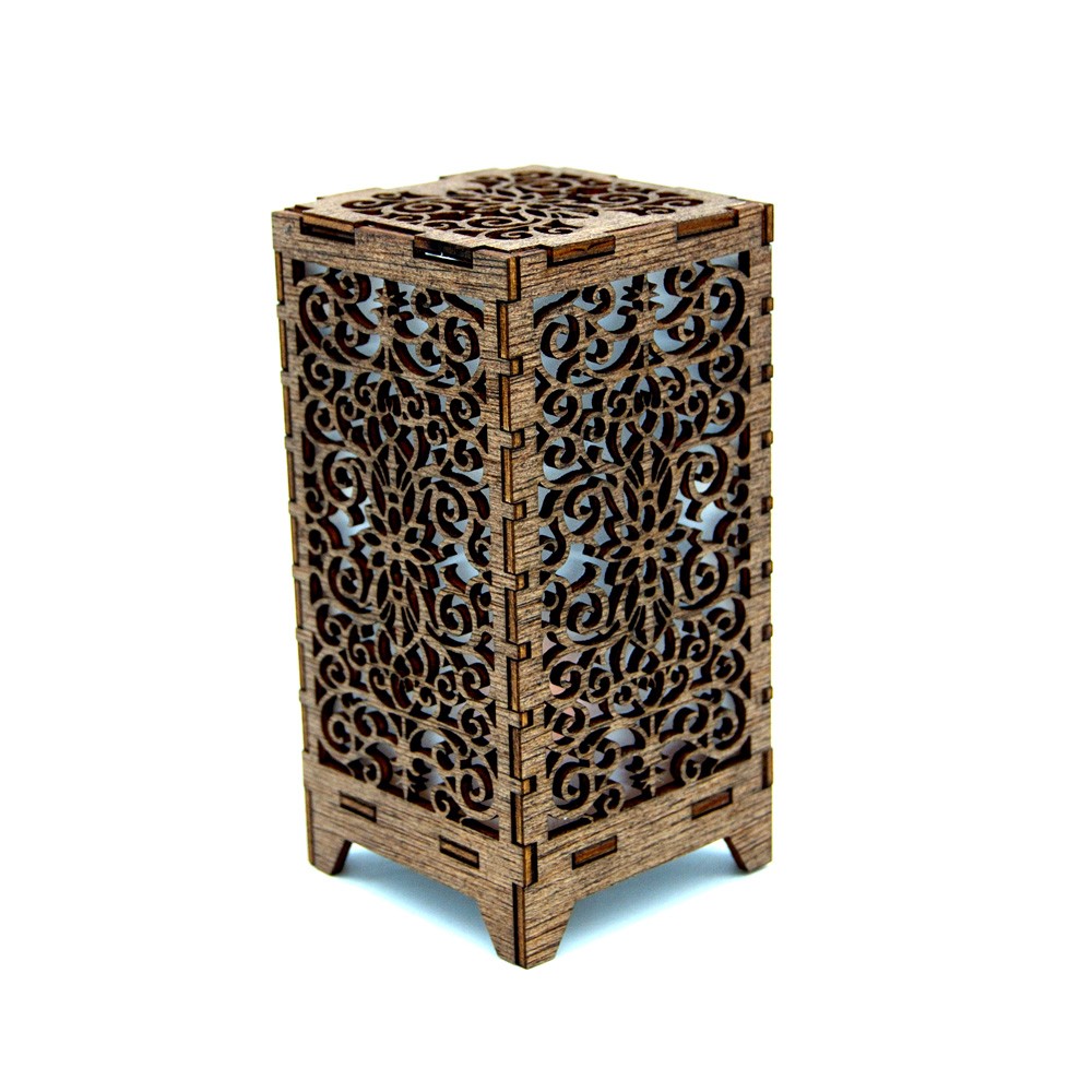 Portavelas Madera Candelabro Farol Mini Diseño Calado Floral - Corte y Grabado Láser - Led
