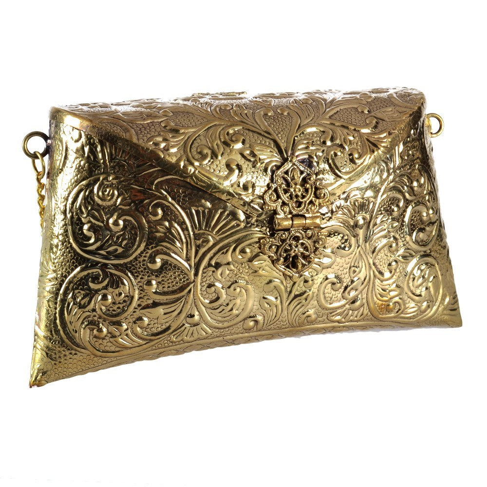 Bolso De Latón - Relieve Floral - Realizado Artesanalmente - Cadena y Cierre