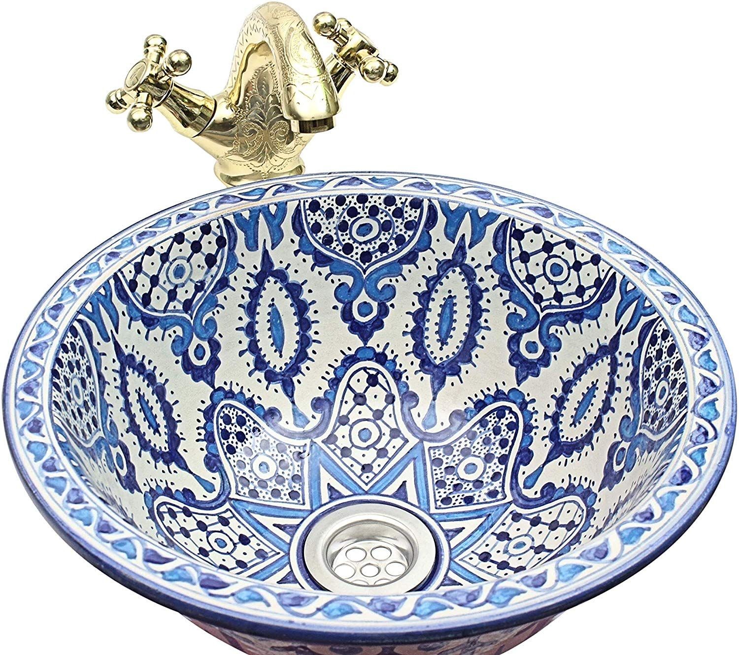 Lavabo Redondo Marroquí Cerámica Esmaltada - Pintado a mano - Modelo Fez - 35 cm