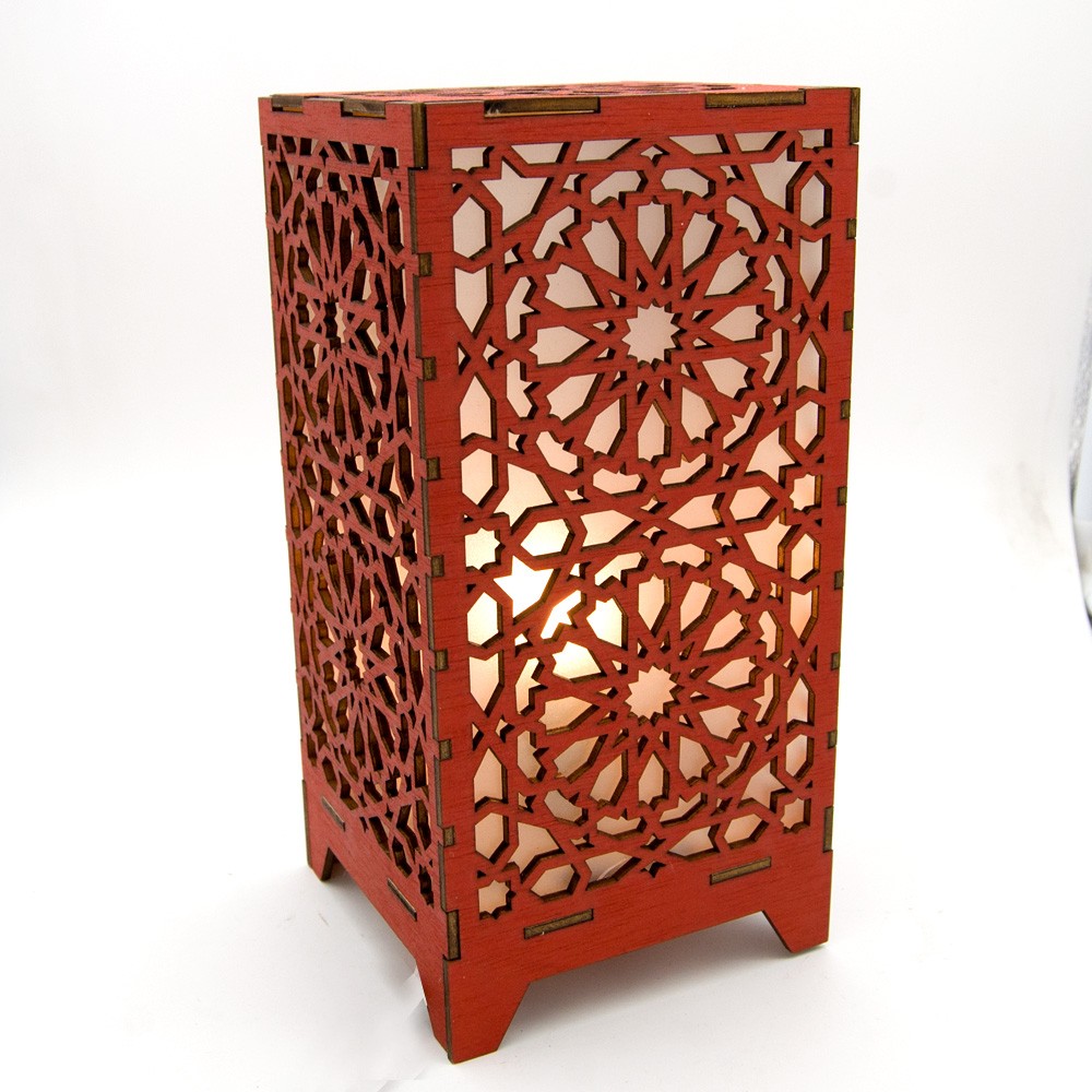 Lámpara de Madera Alkauzar Roja - Corte y Grabado Láser - Diseño Mosaico Alhambra