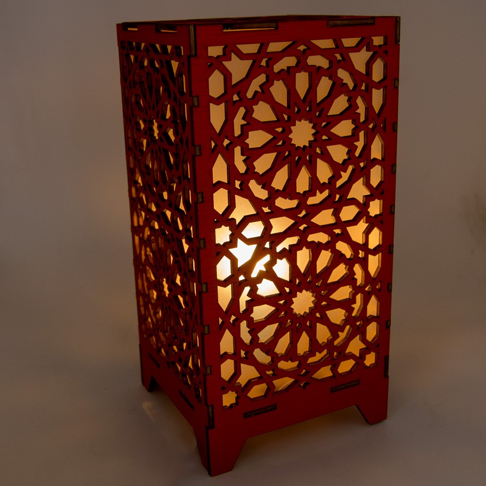 Lámpara de Madera Alkauzar Roja - Corte y Grabado Láser - Diseño Mosaico Alhambra