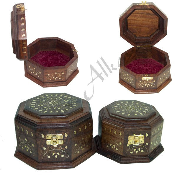 Caja Madera Hexagonal - Incrustaciones Bronce - 2 Tamaños